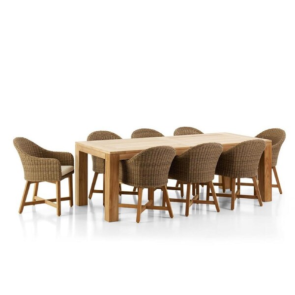 Pearl Outdoor 2.3m Teak Timber Dining Table with 8 Coastal Chairs - Outdoor Teak Dining Settings