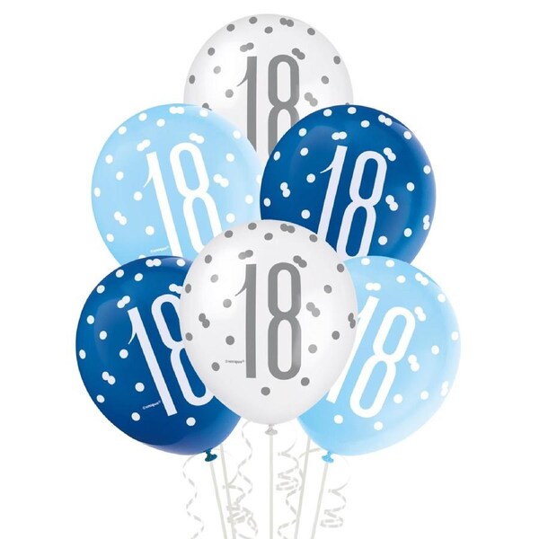 Blue & White Assorted 18th Birthday Balloons (Pack of 6)