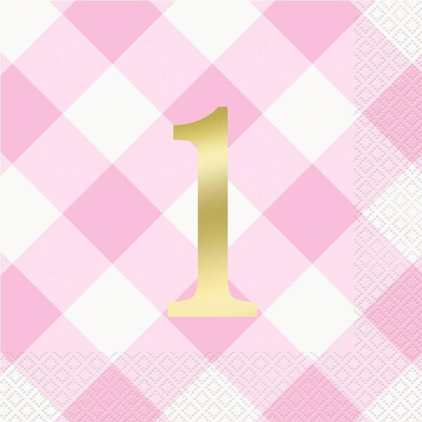 Pink Gingham 1st Birthday Girl Large Paper Napkins / Serviettes (Pack of 16)