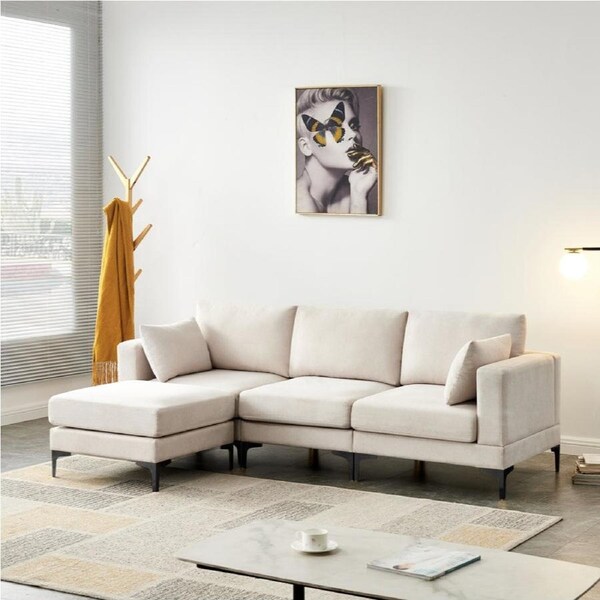 Fabric Upholstered Metal Legs Sofa with Ottoman in Beige color