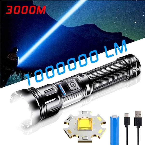 Super Bright 1000000Lm Powerful Flashlight Usb Rechargeable Zoomable Torch Lamp