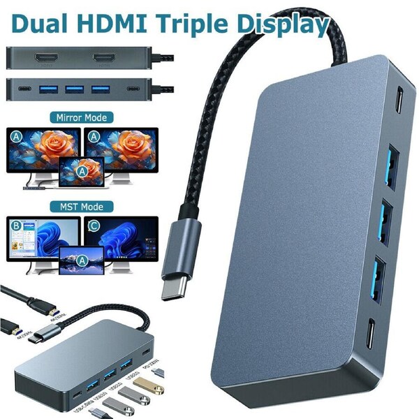 7 In 1 Usb C Hub Docking Station & Dual Monitor 4K Hdmi 3 Usb3.0 Ports 100W Pd