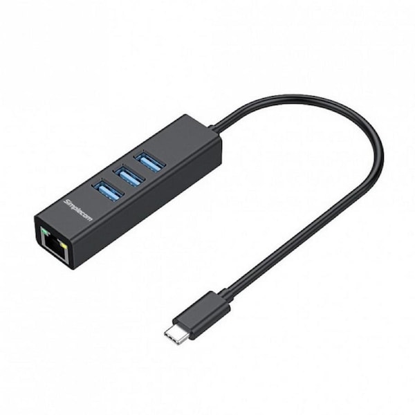 Simplecom Chn421 Black Aluminium Usb-C To 3 Port Usb Hub With Gigabit Ethernet