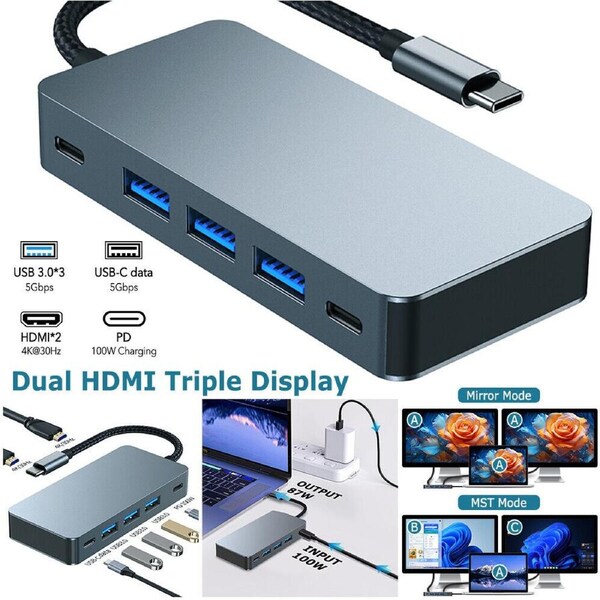 Laptop Docking Station 7 In 1 Station Dual Hdmi Hub Adapter Usb-C Dual Monitor