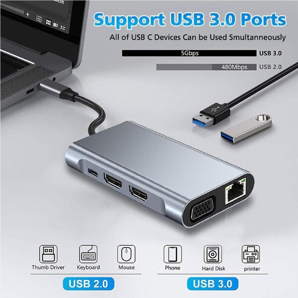 8In1 Usb C Docking Station Type C Hub Usb 3.0 Vga Pd Hdmi For Macbook Laptop Hp