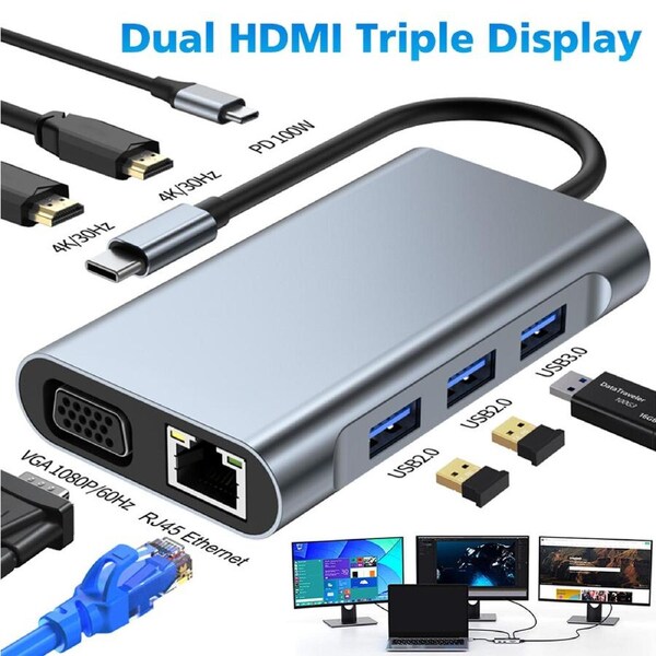 8 In 1 Station For Laptop Docking Type-C Dual Hdmi Hub Adapter Triple Display