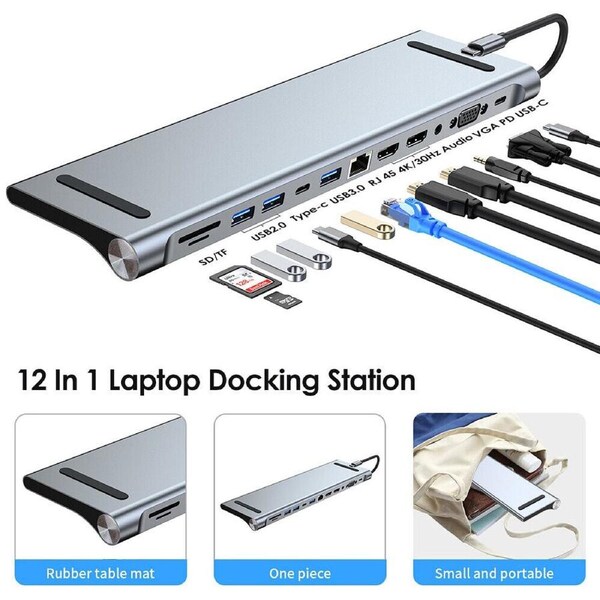 12 In 1 Laptop Docking Station Type-C Dual Hdmi Hub Adapter Usb-C Triple Display
