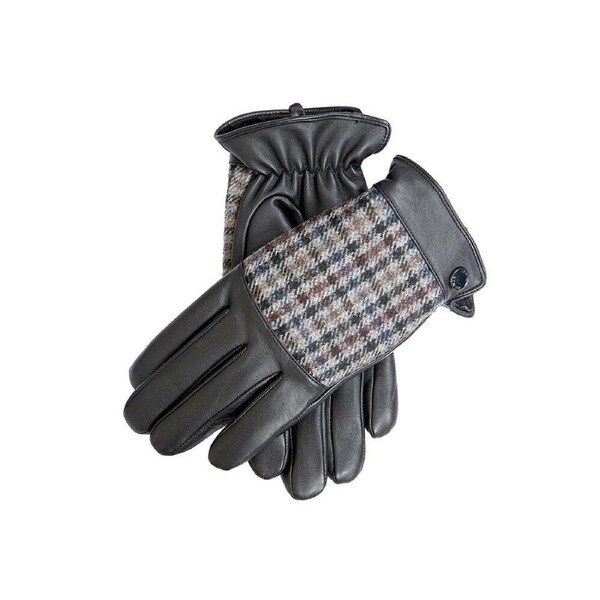Dents Mens Faux Fur Lined Abraham Moon Dogtooth & Leather Gloves - Black/Slate Medium