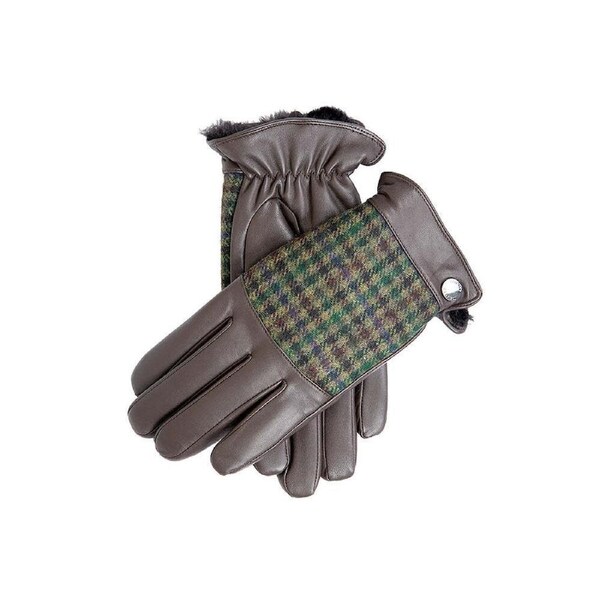 Dents Mens Faux Fur Abraham Moon Dogtooth & Leather Gloves - Brown/Forest/Green X-Large