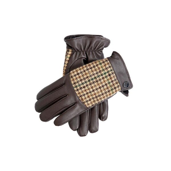 Dents Mens Faux Fur Lined Abraham Moon Dogtooth & Leather Gloves - Brown X-Large