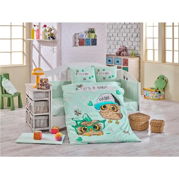 9 Piece Owls Toddler Cot Set Mint