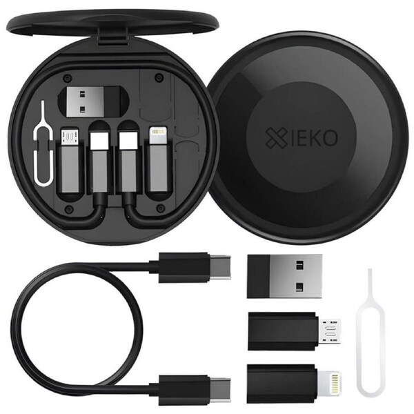 [X-EKO] 6-in-1 Multi Charging Cable with USB C, Micro USB/USB-A Adapter, SD Card, SIM Card Ejector Pin, Phone Stand, Travel Accessories - All in One Kit for Android, iPhone
