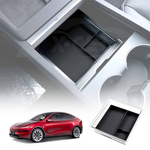 Centre Console Front Organizer Tray for Tesla Model Y Juniper 2025-Onwards Premium Storage Box Drawer Container with Black Silicone Mat
