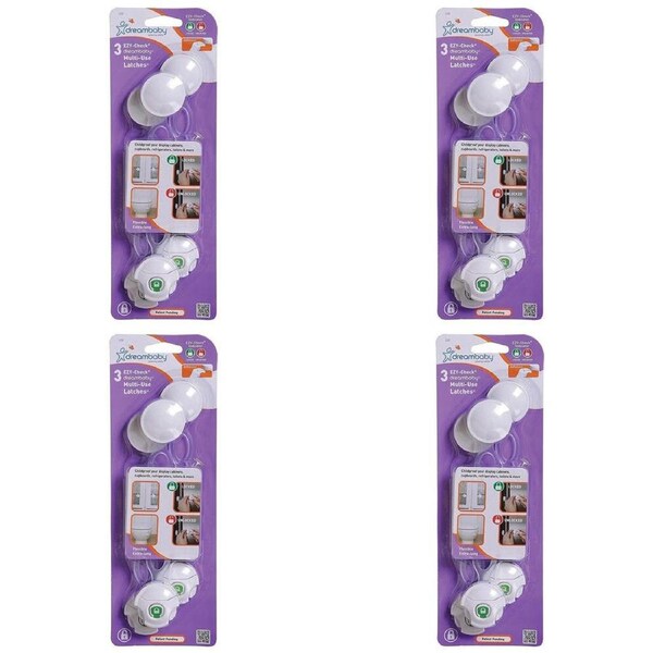 4x 3pc Dreambaby Ezy-Check Multi-Use Latch Child Proof Safety Cabinet Lock White