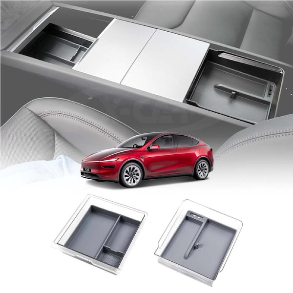 Centre Console Organizer Tray for Tesla Model Y Juniper 2025-Onwards Premium Storage Box Drawer Container with Grey Silicone Mat