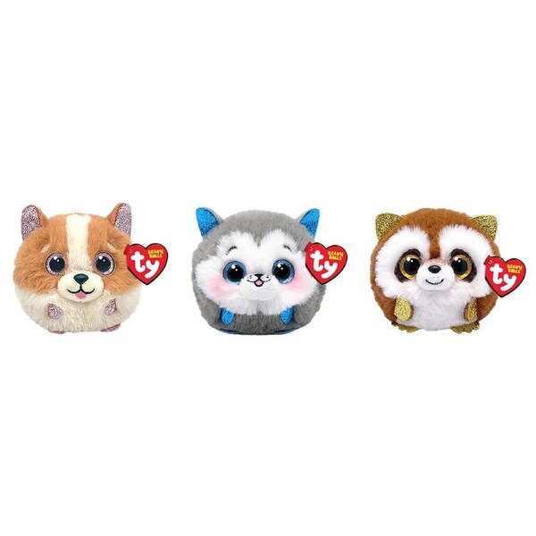 TY Beanies Tanner Brown/WHT Dog/Slush Husky/Raccoon Plush Ball 9cm Combo Set 3+