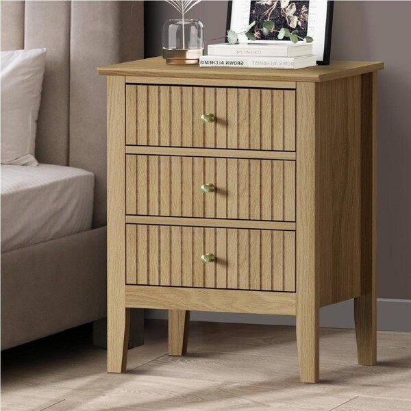 Oikiture Bedside Table 3 Drawers Side End Storage Furniture Nightstand Natural