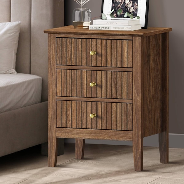 Oikiture Bedside Table 3 Drawers Side End Storage Furniture Nightstand Walnut