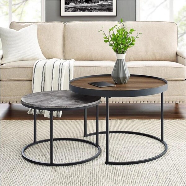 Nested Coffee Table Set Walnut and Cement 760mm