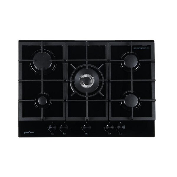 Brohn 70cm Built-in Gas WOK Cooktop 5 Burner Black Glass