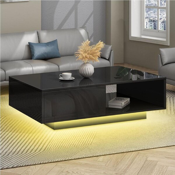 ALFORDSON Coffee Table LED Light High Gloss Drawer Black
