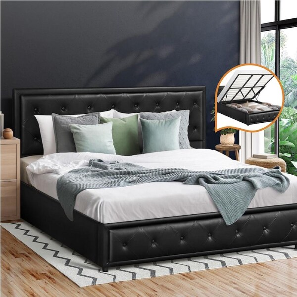 Oikiture Bed Frame Queen Double King Single Size Gas Lift Base Black Leather Queen