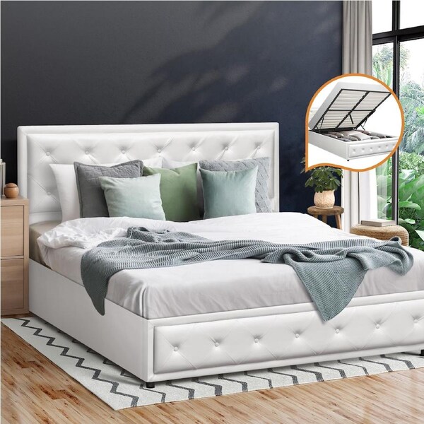 Oikiture Bed Frame Queen Double King Single Size Gas Lift Base White Leather Queen