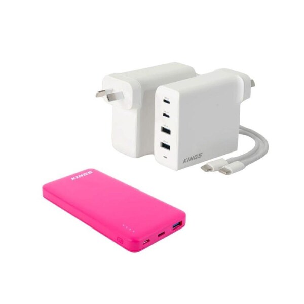 Kings 100W AC USB Adaptor + 10,000mAh Pink Lithium Portable Power Bank