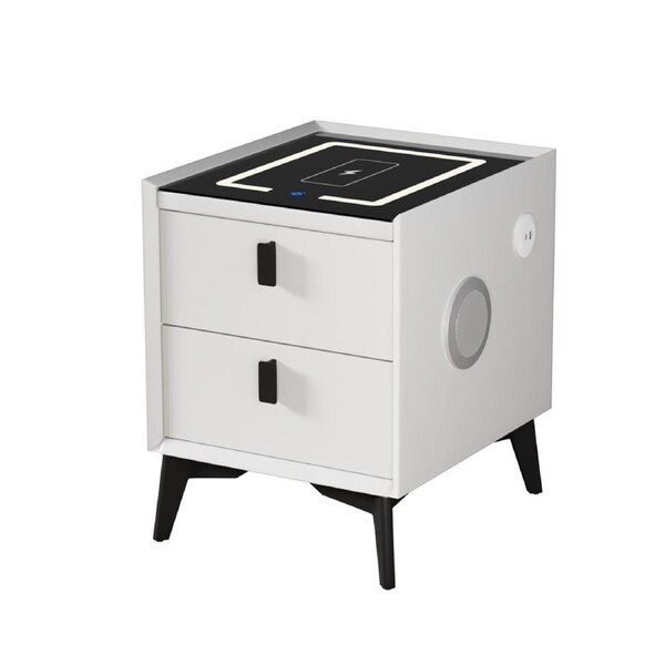 Oikiture Smart Bedside Table Wireless Charging LED 2 Drawers Nightstand White