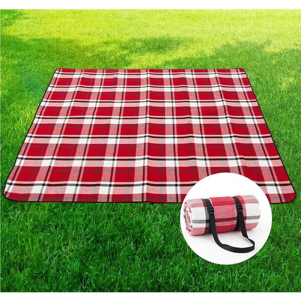 Picnic Mat Large Waterproof Blanket Outdoor Camping Beach Fleece Rug - Red Tartan Large 200cm x 300cm