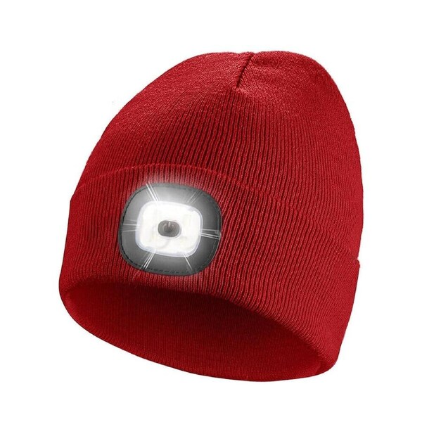 Winter Autumn Warm LED Light Knitted Beanie Hat Men Women With USB Rechargeable Red