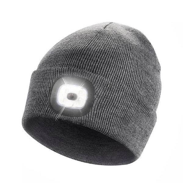 Winter Autumn Warm LED Light Knitted Beanie Hat Men Women With USB Rechargeable Hemp Grey
