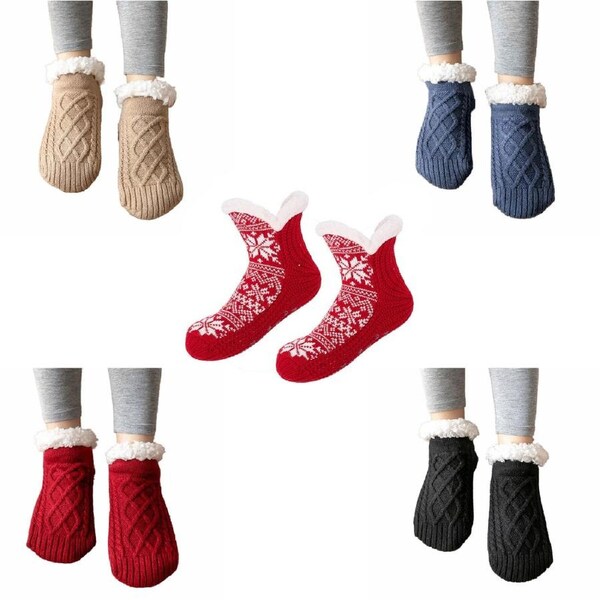 Women Slipper Winter Socks Warm Fleece Lined Fluffy Non Slip Cosy Bed Floor Black EU 35 to 39