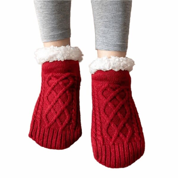Women Slipper Winter Socks Warm Fleece Lined Fluffy Non Slip Cosy Bed Floor Red EU 35 to 39