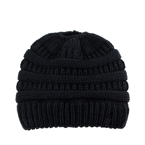 Women Girls Ponytail Beanie Winter Soft Stretch Cable Knit Crochet High Bun Hat Black