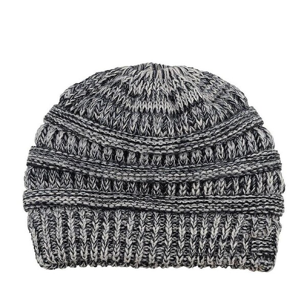 Women Girls Ponytail Beanie Winter Soft Stretch Cable Knit Crochet High Bun Hat Black and White