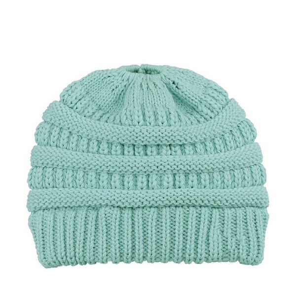 Women Girls Ponytail Beanie Winter Soft Stretch Cable Knit Crochet High Bun Hat Sky Blue