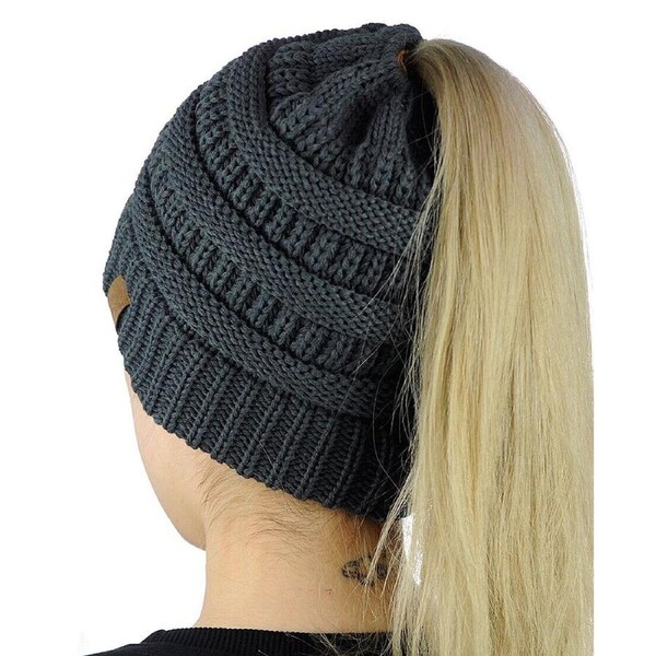 Women Girls Ponytail Beanie Winter Soft Stretch Cable Knit Crochet High Bun Hat Dark Grey
