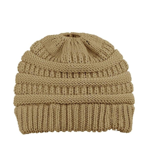 Women Girls Ponytail Beanie Winter Soft Stretch Cable Knit Crochet High Bun Hat Beige