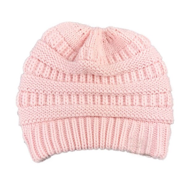 Women Girls Ponytail Beanie Winter Soft Stretch Cable Knit Crochet High Bun Hat Pink