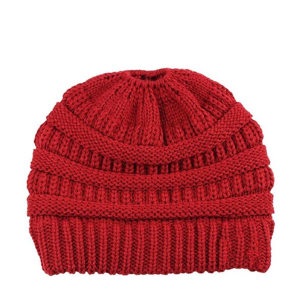 Women Girls Ponytail Beanie Winter Soft Stretch Cable Knit Crochet High Bun Hat Red