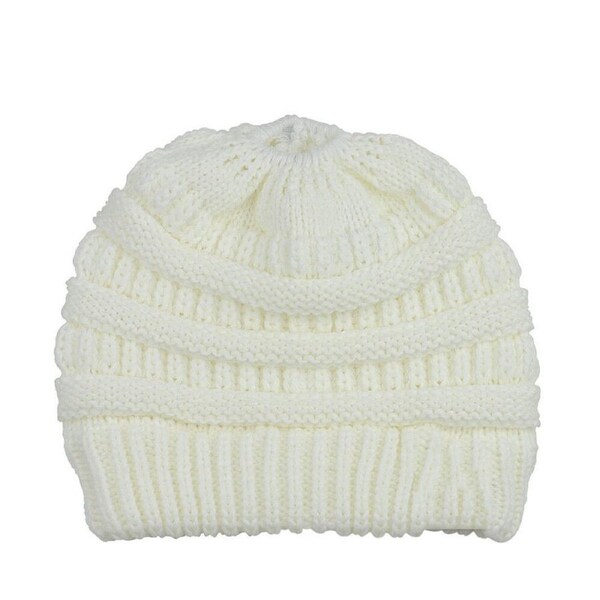 Women Girls Ponytail Beanie Winter Soft Stretch Cable Knit Crochet High Bun Hat White
