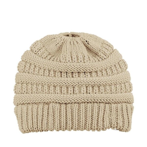 Women Girls Ponytail Beanie Winter Soft Stretch Cable Knit Crochet High Bun Hat Light Brown