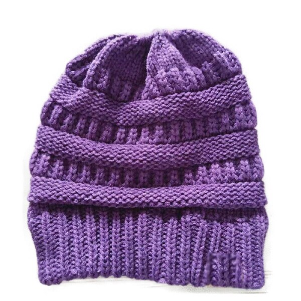 Women Girls Ponytail Beanie Winter Soft Stretch Cable Knit Crochet High Bun Hat Purple