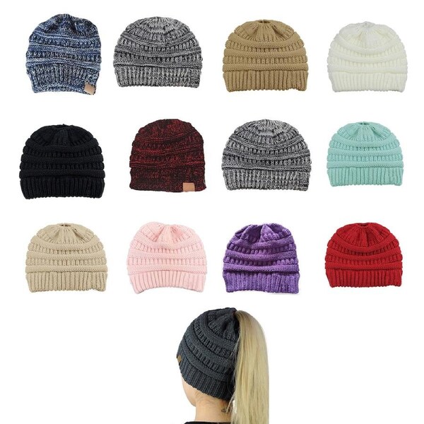 Women Girls Ponytail Beanie Winter Soft Stretch Cable Knit Crochet High Bun Hat Purple