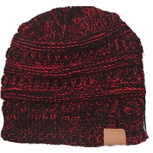 Women Girls Ponytail Beanie Winter Soft Stretch Cable Knit Crochet High Bun Hat Black and Red