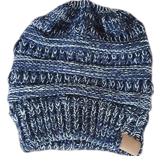 Women Girls Ponytail Beanie Winter Soft Stretch Cable Knit Crochet High Bun Hat Blue and White