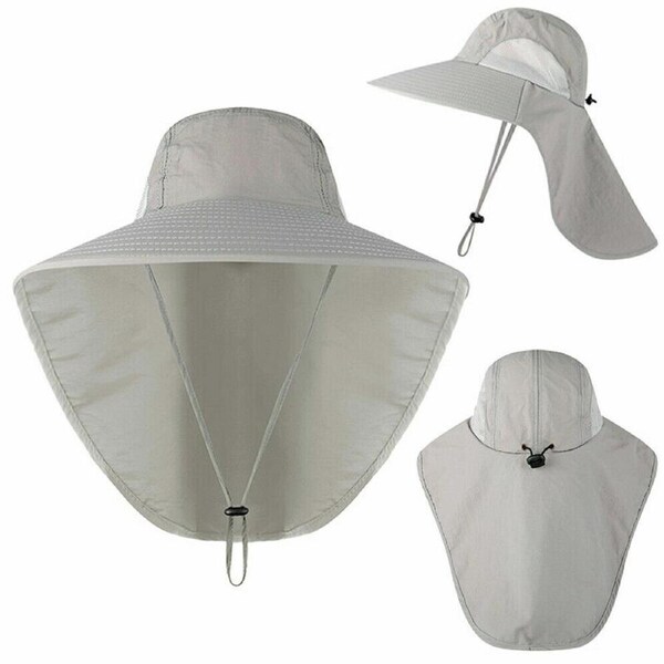 Sun Protection Neck Flap Cap Unisex Outdoor Sport Fishing Hat Wide Brim Cover Grey