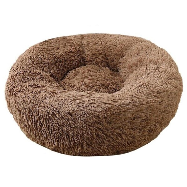 Pet Dog Cat Calming Bed Warm Soft Plush Round Nest Comfy Sleeping Kennel Cave - Brown 50cm