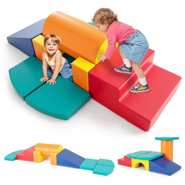 Costway 10PCS Large Soft Foam Building Blocks PU Leather Crawl & Slide Playset Climbing Toys Climber